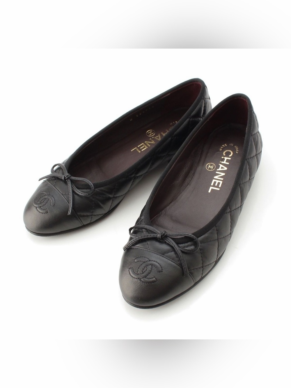 CHANEL Aged Calfskin Quilted CC Cap Toe Ballerina Flats / Size EU35